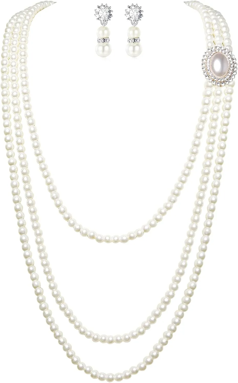 BABEYOND 1920s Gatsby Pearl Necklace Vintage Bridal Pearl Necklace Earrings Jewelry Set Multilayer Imitation Pearl Necklace with Brooch