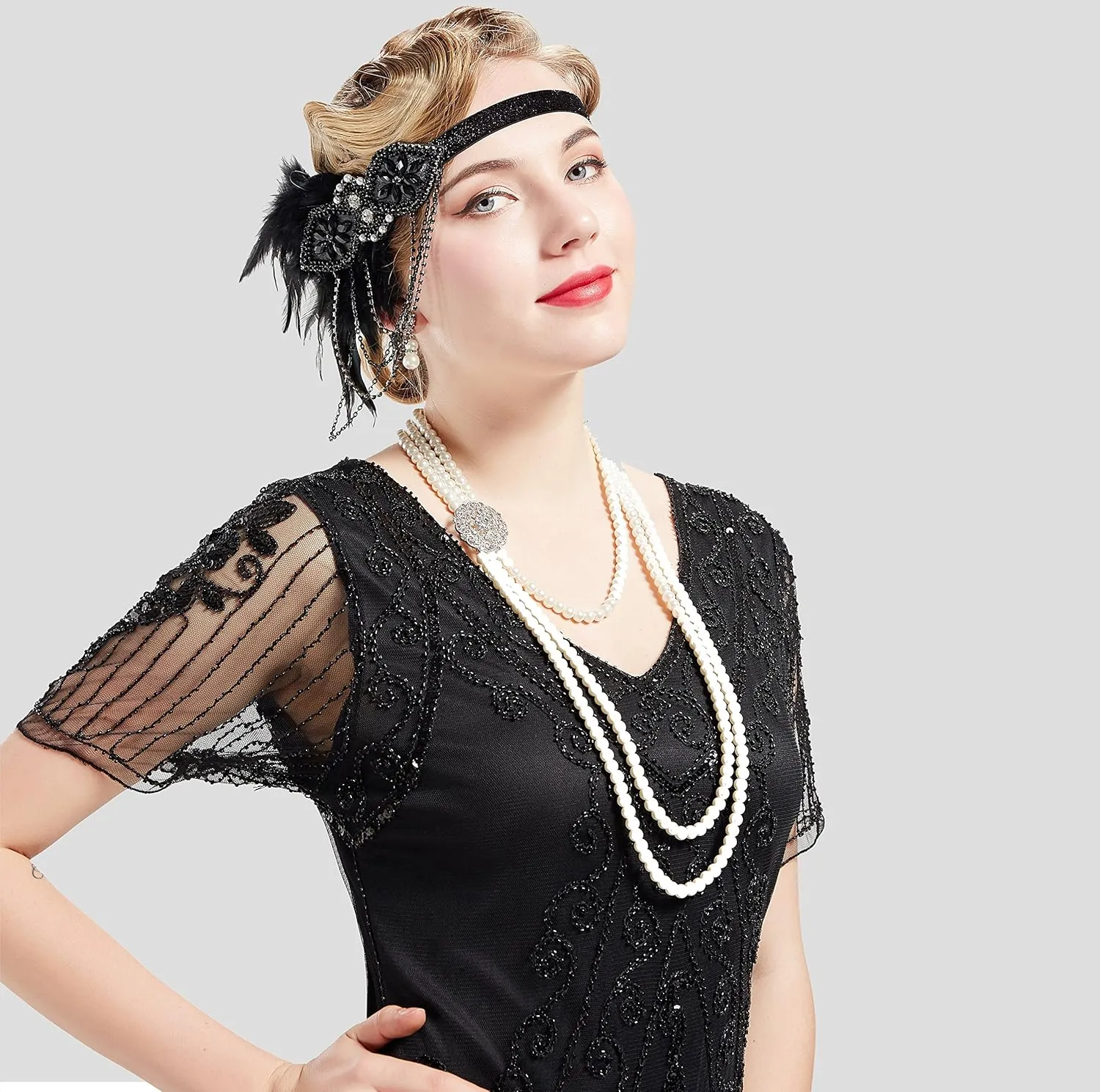 BABEYOND 1920s Gatsby Pearl Necklace Vintage Bridal Pearl Necklace Earrings Jewelry Set Multilayer Imitation Pearl Necklace with Brooch