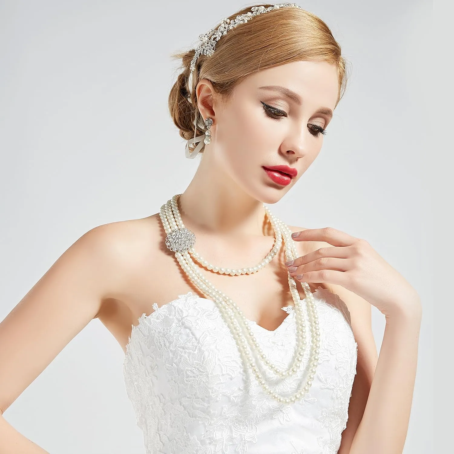 BABEYOND 1920s Gatsby Pearl Necklace Vintage Bridal Pearl Necklace Earrings Jewelry Set Multilayer Imitation Pearl Necklace with Brooch