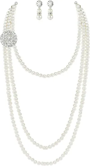 BABEYOND 1920s Gatsby Pearl Necklace Vintage Bridal Pearl Necklace Earrings Jewelry Set Multilayer Imitation Pearl Necklace with Brooch