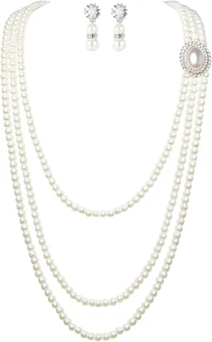 BABEYOND 1920s Gatsby Pearl Necklace Vintage Bridal Pearl Necklace Earrings Jewelry Set Multilayer Imitation Pearl Necklace with Brooch