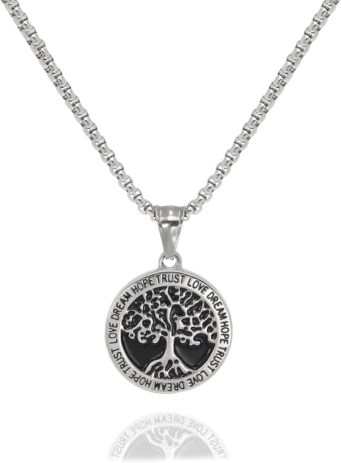 Baronyka Stainless Steel Men's Tree of Life Pendant Necklace, Adjustable 24" Chain with 2" Extension
