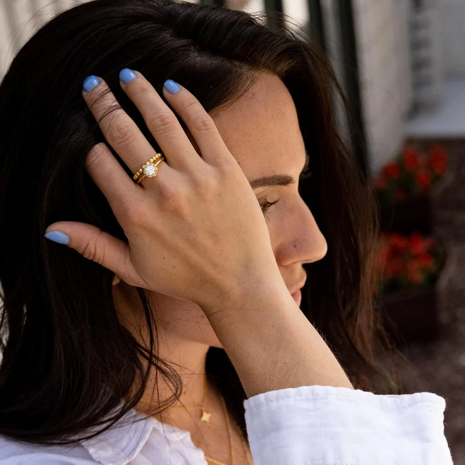 Beaded Band Engagement Ring | Bold Beaded Ring with A Solitaire CZ | 18K Gold Vermeil | Solitaire Gemstone Wedding Ring Stacking Band