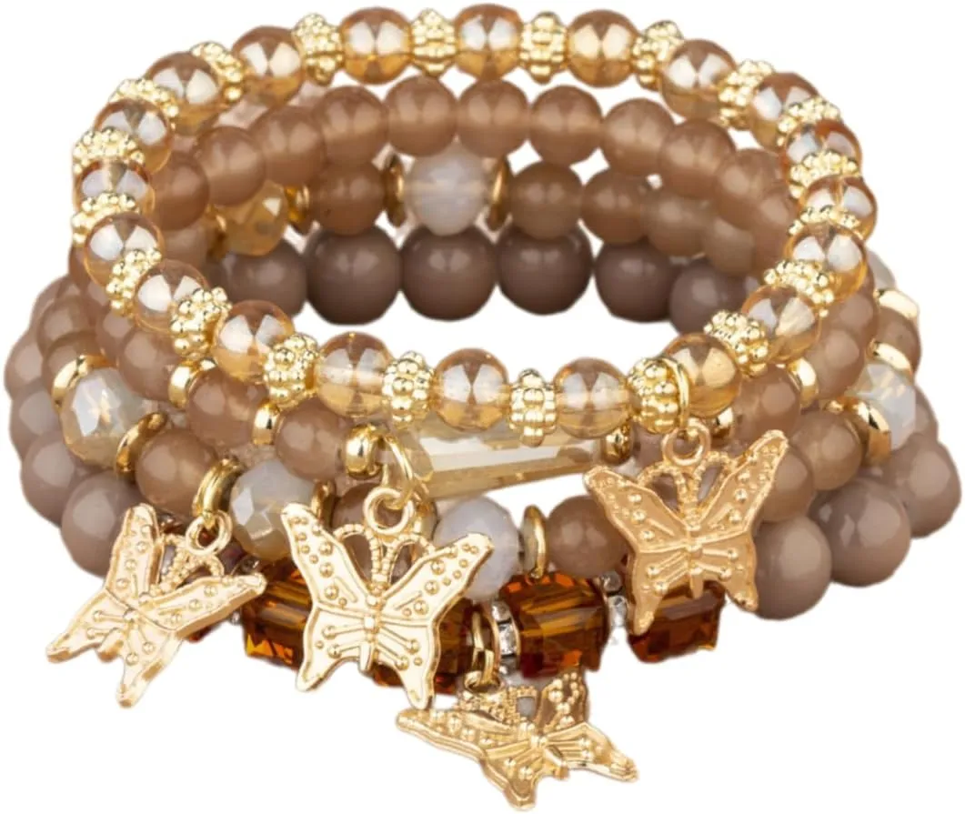 Beaded Bracelets for Women Boho Bracelet Set Crystal Butterfly Beaded Bracelets Cute Colorful Bracelet Stack Bohemian Gold Charm Bracelet Summer Beach Stretch Stackable Jewelry Set