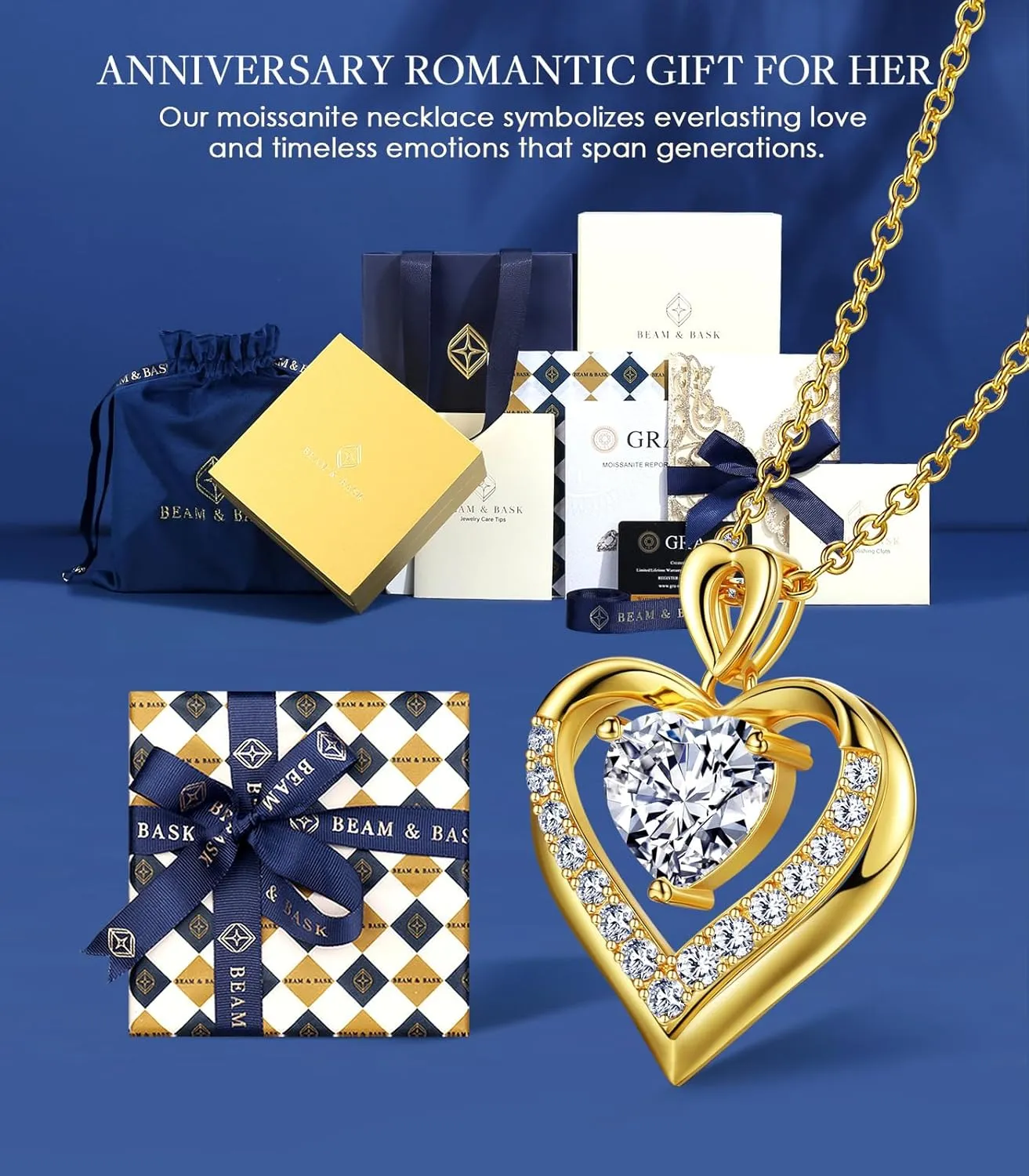 Beam & Bask 2-3 Ct Moissanite Double Heart Pendant Necklaces for Wife, 18K Gold Plated S925 Silver Jewelry for Women Girlfriend Mom Her on Anniversary Birthday
