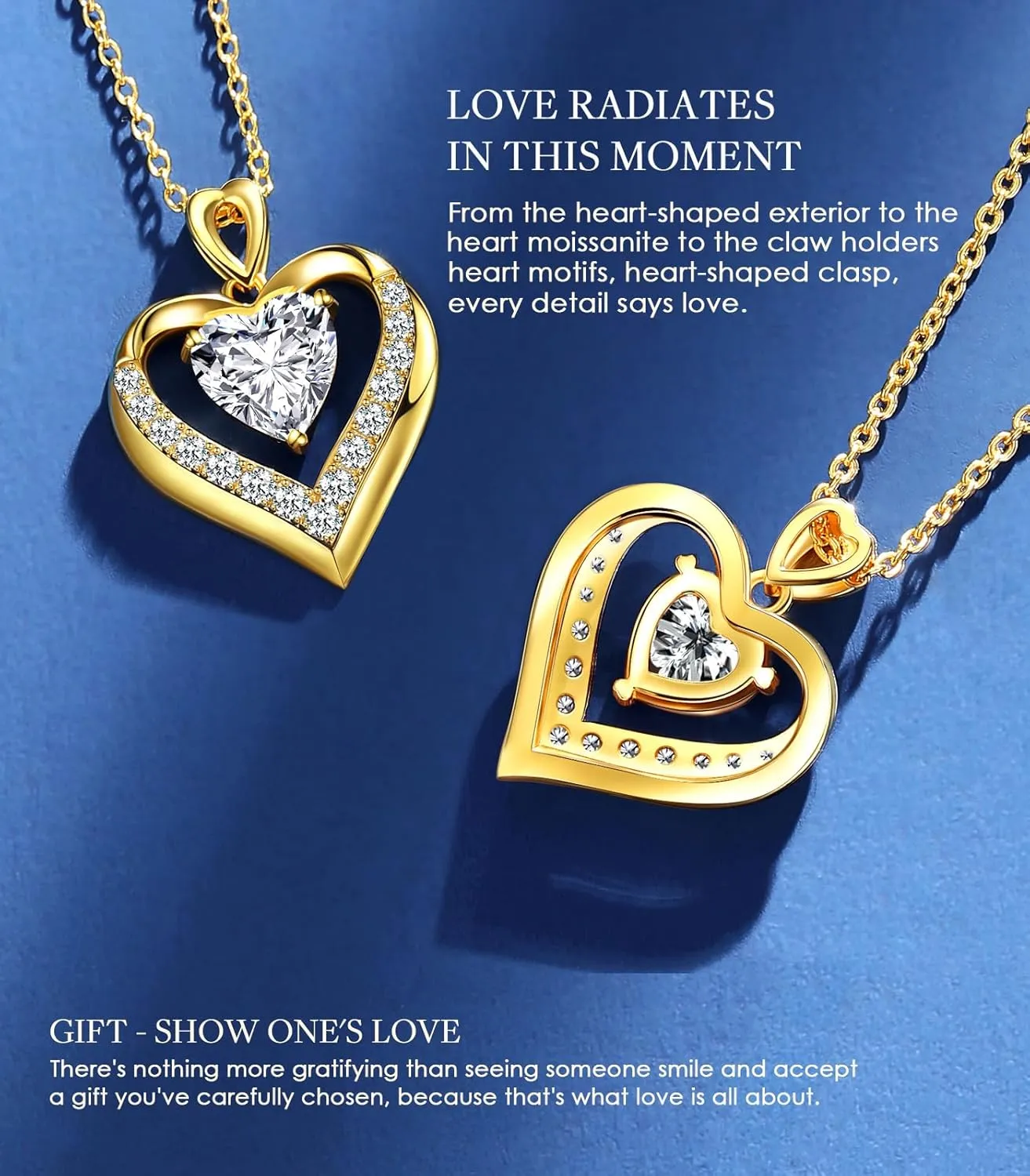 Beam & Bask 2-3 Ct Moissanite Double Heart Pendant Necklaces for Wife, 18K Gold Plated S925 Silver Jewelry for Women Girlfriend Mom Her on Anniversary Birthday
