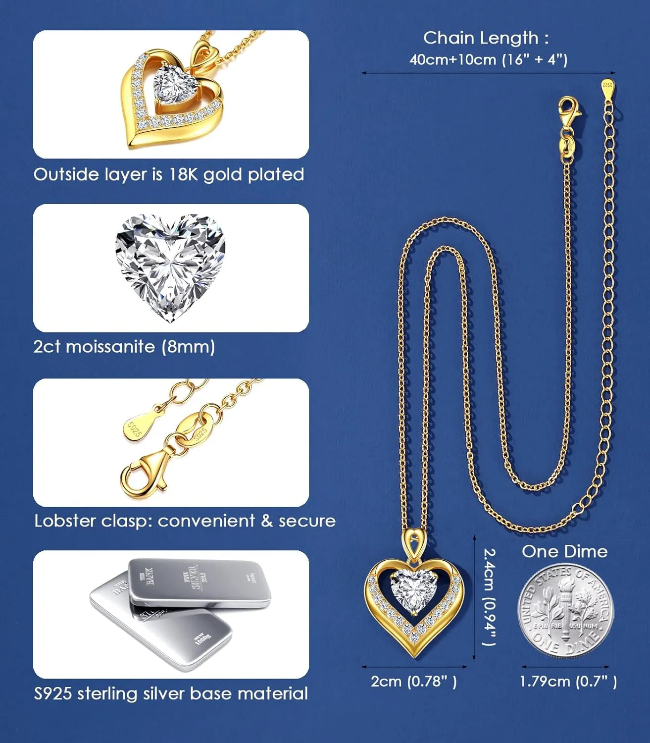 Beam & Bask 2-3 Ct Moissanite Double Heart Pendant Necklaces for Wife, 18K Gold Plated S925 Silver Jewelry for Women Girlfriend Mom Her on Anniversary Birthday