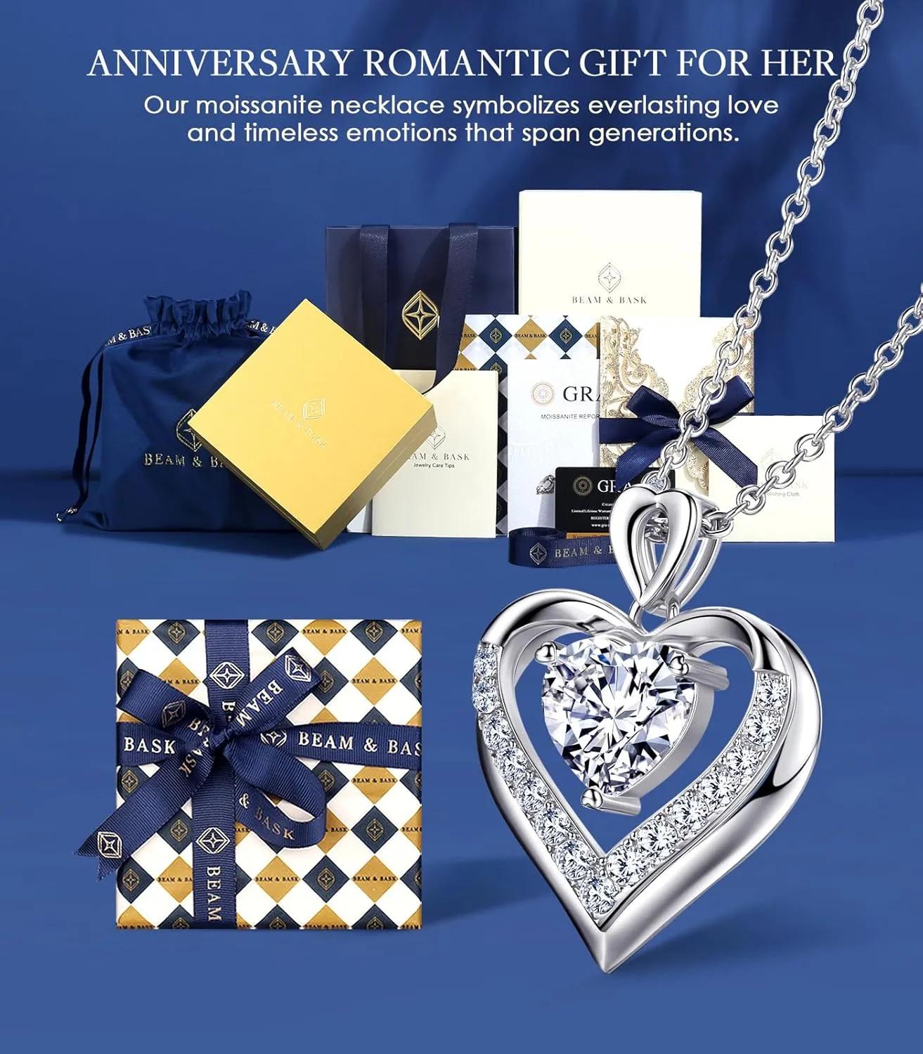 Beam & Bask 2-3 Ct Moissanite Double Heart Pendant Necklaces for Wife, 18K Gold Plated S925 Silver Jewelry for Women Girlfriend Mom Her on Anniversary Birthday