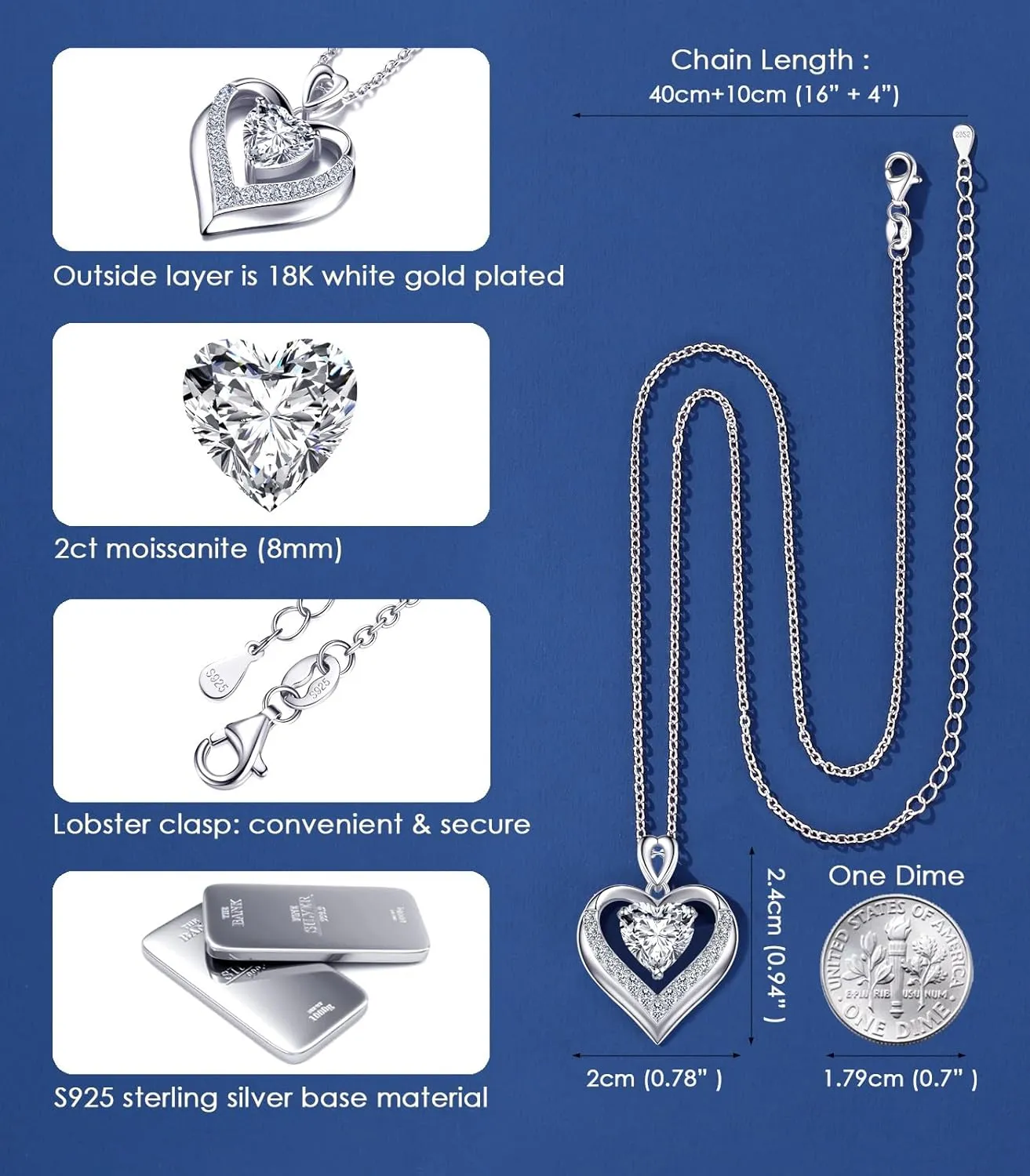 Beam & Bask 2-3 Ct Moissanite Double Heart Pendant Necklaces for Wife, 18K Gold Plated S925 Silver Jewelry for Women Girlfriend Mom Her on Anniversary Birthday
