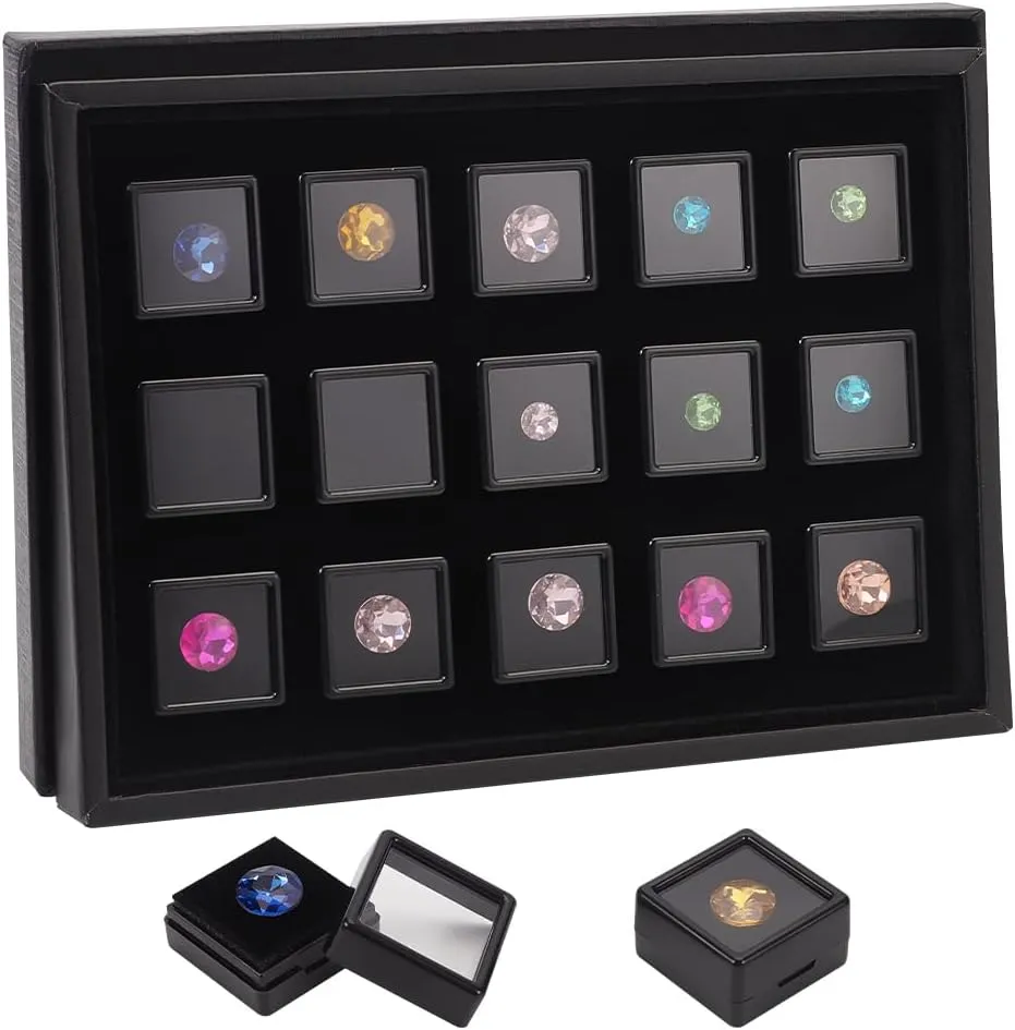BENECREAT 15 Pack Gemstone Display Box, Black Diamond Display Case Jewelry Box Container with Clear Window for Treat, Gems, Coins, Diamond, Gift Packing, 1.1x0.65inch