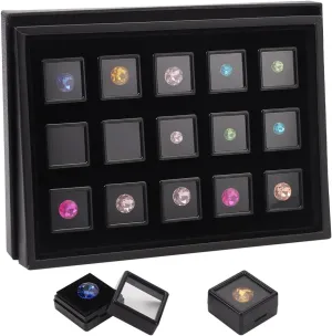 BENECREAT 15 Pack Gemstone Display Box, Black Diamond Display Case Jewelry Box Container with Clear Window for Treat, Gems, Coins, Diamond, Gift Packing, 1.1x0.65inch