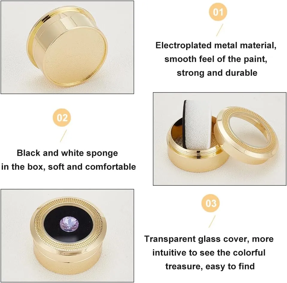 BENECREAT 2pcs Diamond Display Case Gemstone Display Box Light Gold Stainless Steel Loose Diamond Storage Boxes with Clear Window, Cushion for Jewelry Container, 1.28x0.65