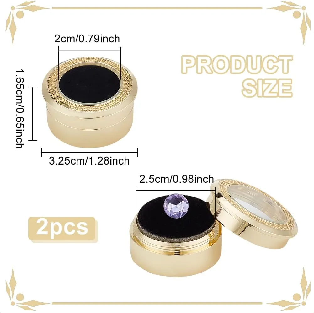 BENECREAT 2pcs Diamond Display Case Gemstone Display Box Light Gold Stainless Steel Loose Diamond Storage Boxes with Clear Window, Cushion for Jewelry Container, 1.28x0.65