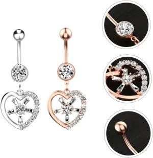 BESPORTBLE Belly Button Rings Dangling Boho Style 2pcs Metal Studs Zircon Heart Pendant Fashionable Navel Jewelry for Women Girls