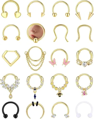 BESTEEL 20Pcs Gold Septum Rings 16G Small Septum Jewelry Surgical Steel Septum Clicker Dangle Nose Rings Hoops for Women Men Cute Star Bee CZ Heart Butterfly Chain Septum Rings Septum Piercing Jewelry