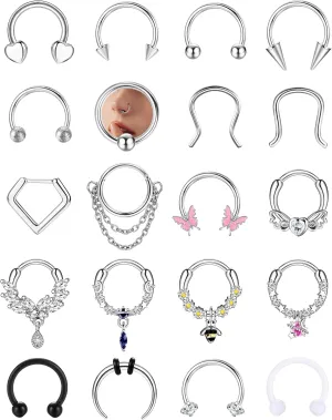 BESTEEL 20Pcs Gold Septum Rings 16G Small Septum Jewelry Surgical Steel Septum Clicker Dangle Nose Rings Hoops for Women Men Cute Star Bee CZ Heart Butterfly Chain Septum Rings Septum Piercing Jewelry