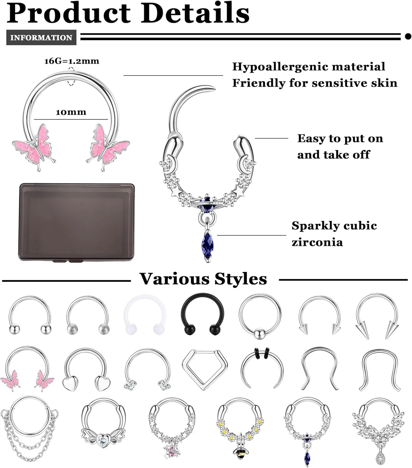 BESTEEL 20Pcs Gold Septum Rings 16G Small Septum Jewelry Surgical Steel Septum Clicker Dangle Nose Rings Hoops for Women Men Cute Star Bee CZ Heart Butterfly Chain Septum Rings Septum Piercing Jewelry