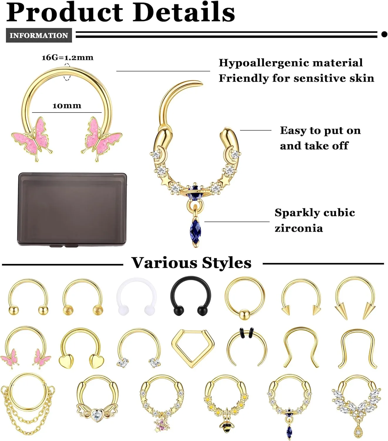BESTEEL 20Pcs Gold Septum Rings 16G Small Septum Jewelry Surgical Steel Septum Clicker Dangle Nose Rings Hoops for Women Men Cute Star Bee CZ Heart Butterfly Chain Septum Rings Septum Piercing Jewelry