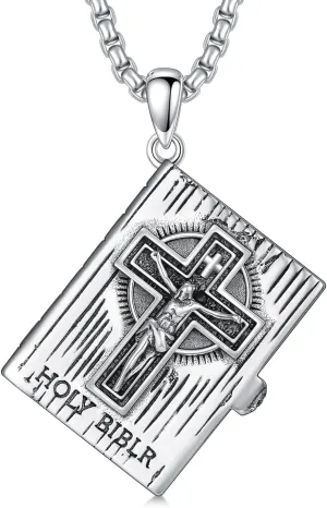 Bible Necklace 925 Sterling Silver Christian Jesus Crucifix Pendant Religious Christian Jewelry Gifts for Men Women