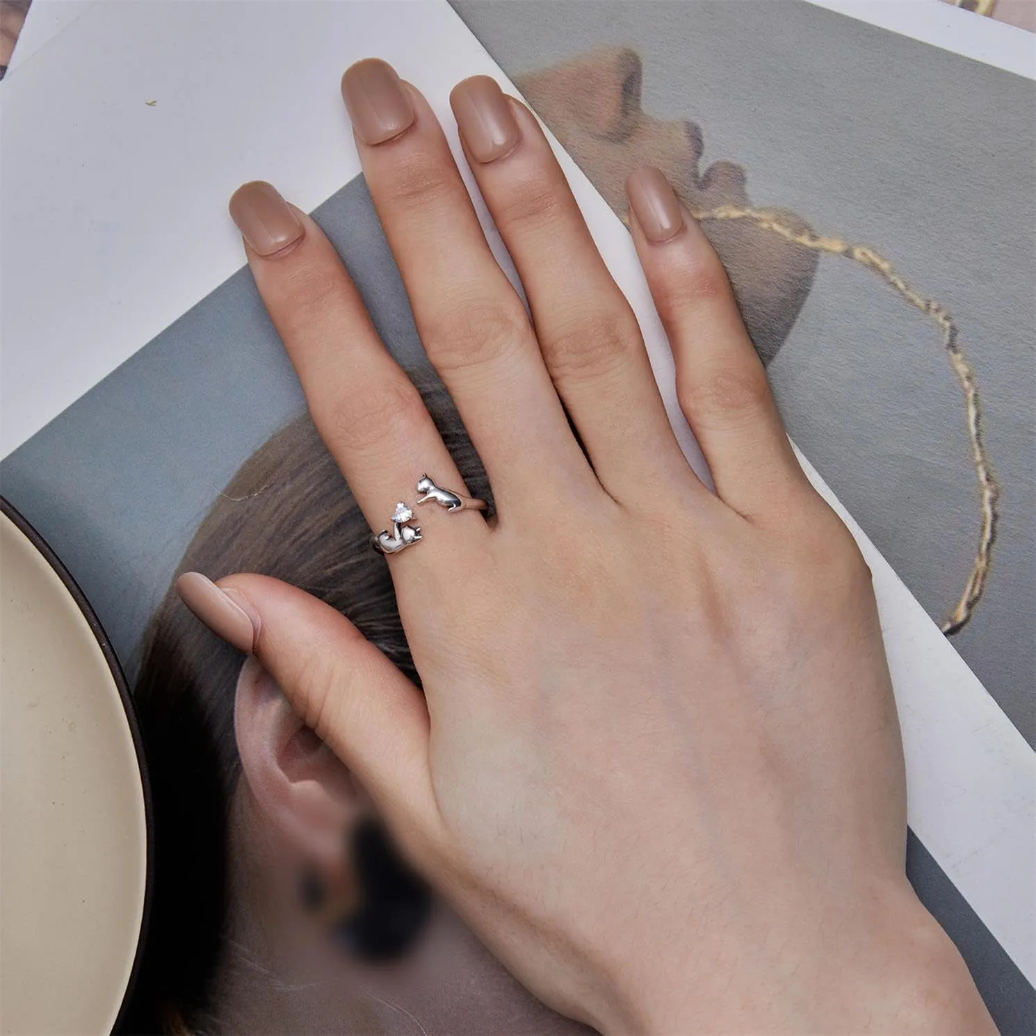 BISAER 925 Sterling Silver Ring Adjustable Cute Unique Cat Snake Butterfly Dragonfly Fashionable Ring For Women Jewelry