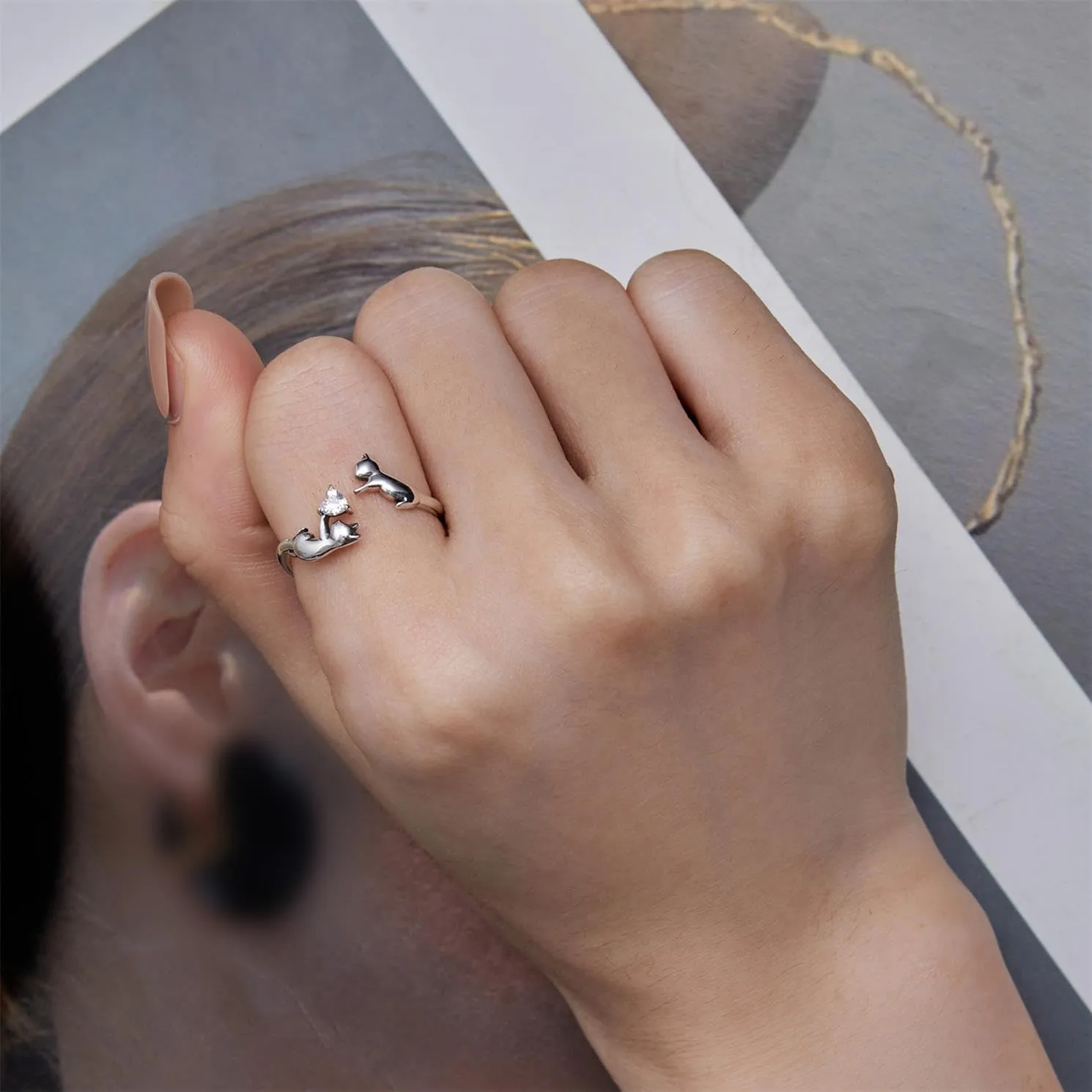 BISAER 925 Sterling Silver Ring Adjustable Cute Unique Cat Snake Butterfly Dragonfly Fashionable Ring For Women Jewelry