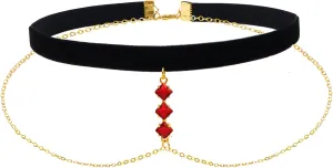Black Velvet Double-Layer Choker Necklace with White Crystal Embellishments and Gold Chain - Fashion Accessory for Women