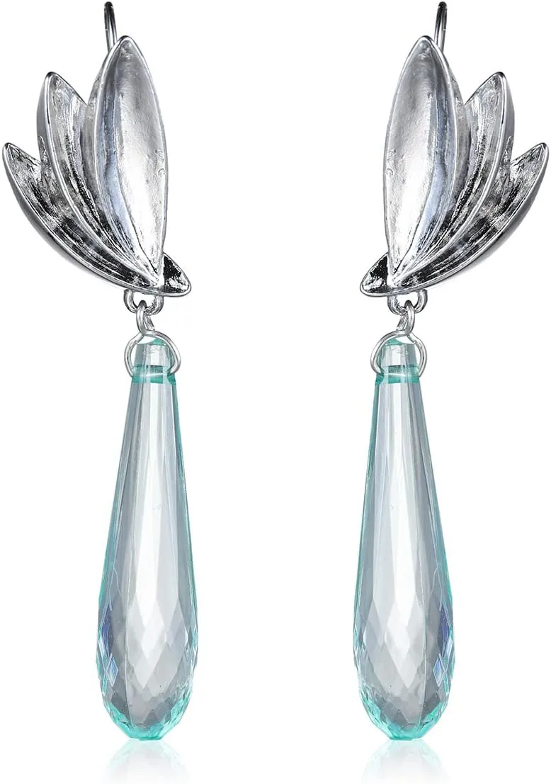 Blue Crystal Dangle Drop Earrings for Women Elegant Silver Wings Hook Dangling Earrings Wedding Bridal Ear Jewelry