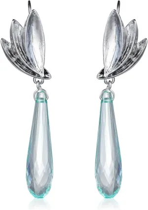 Blue Crystal Dangle Drop Earrings for Women Elegant Silver Wings Hook Dangling Earrings Wedding Bridal Ear Jewelry