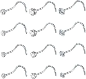 BLZ 20G Nose Studs for Women Men 12PCS Corkscrew Nose Rings Studs Hypoallergenic Nose Piercings Jewelry