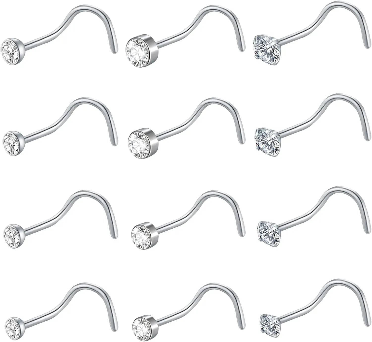 BLZ 20G Nose Studs for Women Men 12PCS Corkscrew Nose Rings Studs Hypoallergenic Nose Piercings Jewelry