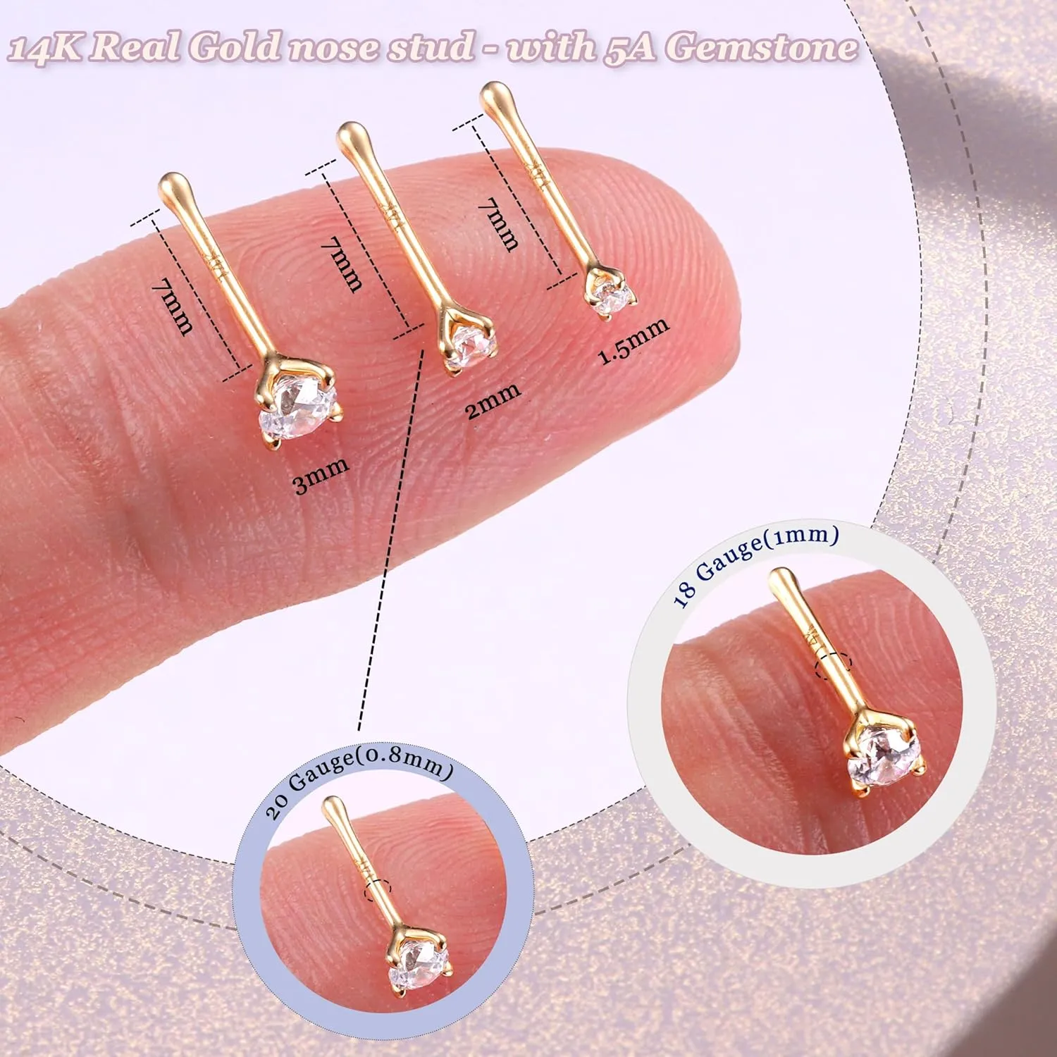 BodyBonita 14K Solid Gold Nose Rings - Twist/Bone Style Nose Stud 18G 20G Screw Shaped CZ Post Hypoallergenic Piercing Jewelry Rings for Women Men 3 mm/2 mm/1.5 mm Cubic Zirconia 7 mm Bar Length