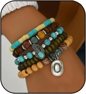 Bohemian Beaded Bracelet for women Vintage Turquoise Wood Beads Bracelet Western Jewelry Set for Men Boho Ox-head Cactus Cross Stretch BraceletS Tribal Ethnic Unisex Accessories