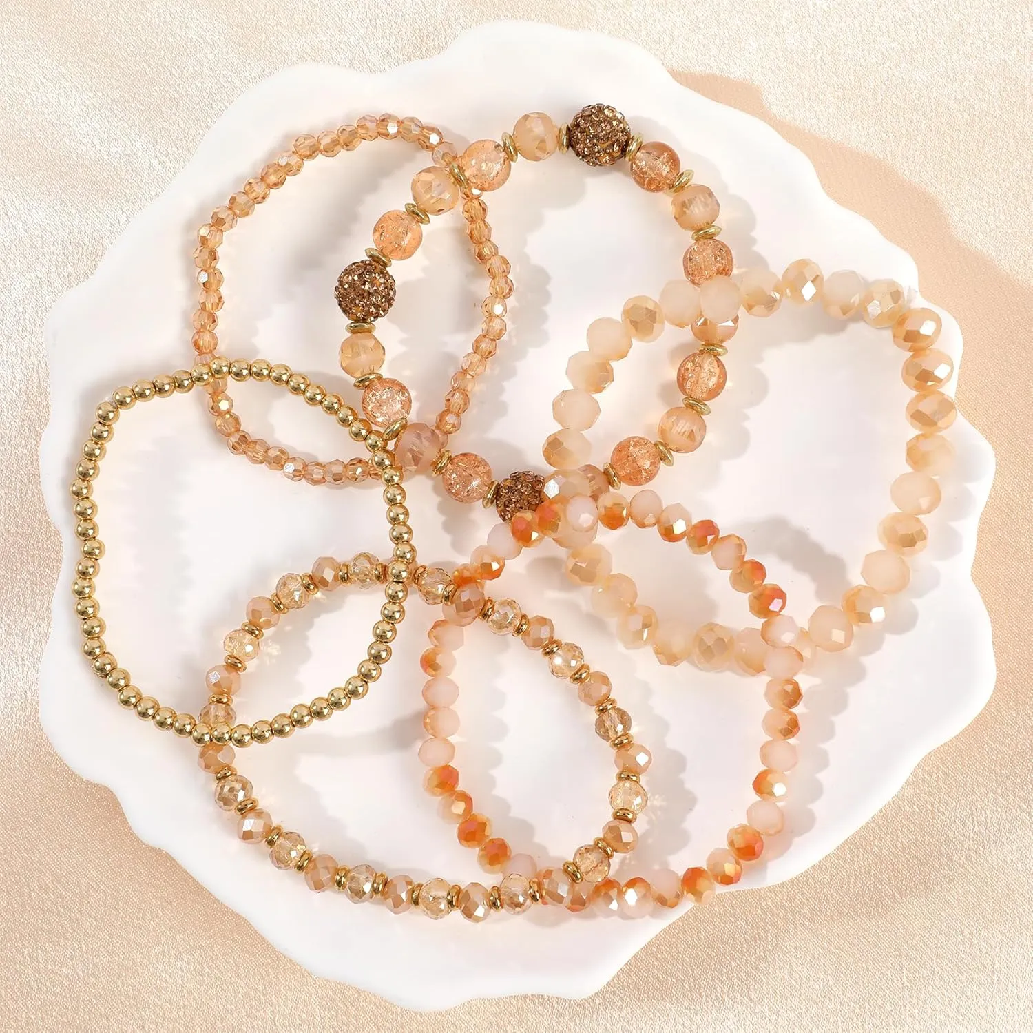 Bohemian Beaded Bracelets for Women Stackable Glass Beads Stretch Bracelets Boho Multilayered Disco Ball Faceted Crystal Beads Bracelet Set Handmade Trendy Jewelry Gift for Women
