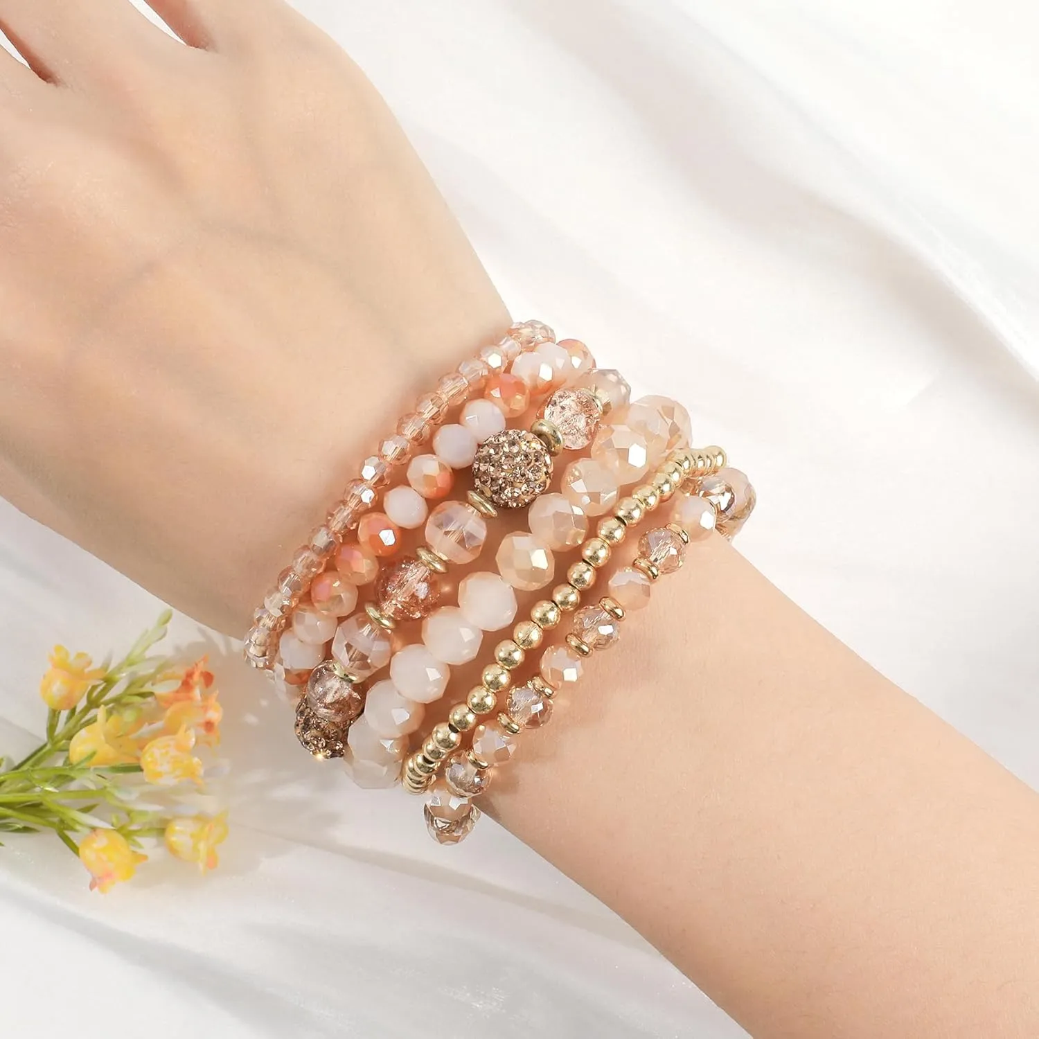 Bohemian Beaded Bracelets for Women Stackable Glass Beads Stretch Bracelets Boho Multilayered Disco Ball Faceted Crystal Beads Bracelet Set Handmade Trendy Jewelry Gift for Women