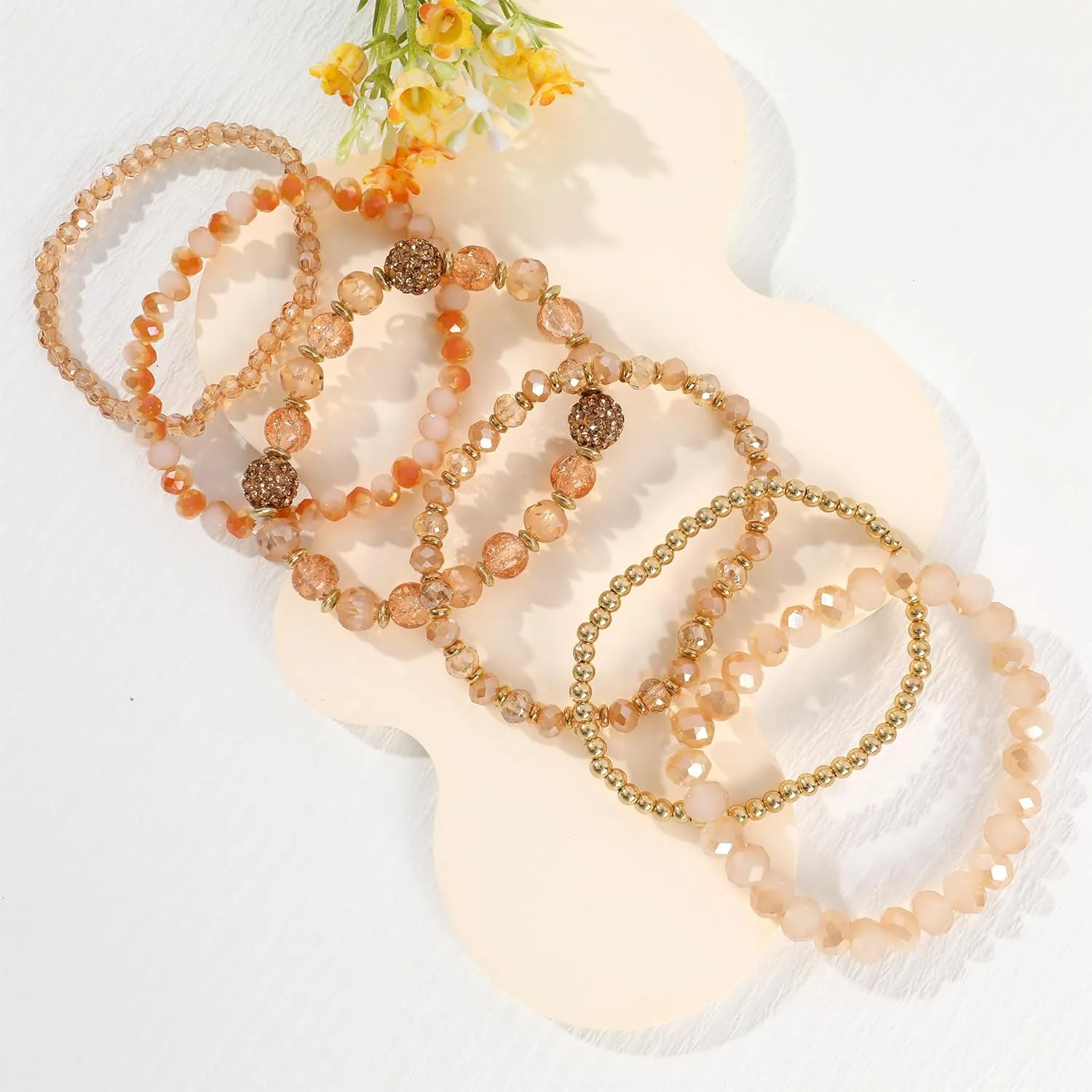 Bohemian Beaded Bracelets for Women Stackable Glass Beads Stretch Bracelets Boho Multilayered Disco Ball Faceted Crystal Beads Bracelet Set Handmade Trendy Jewelry Gift for Women