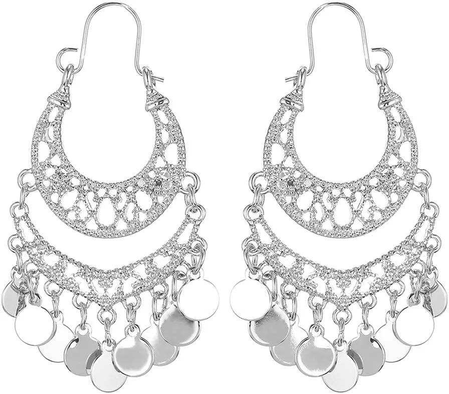 Bohemian Boho Chandelier Dangle Drop Earrings for Women  Lightweight Filigree Gypsy Coin Disc Tassel Charm Hoops  included Gift Box
