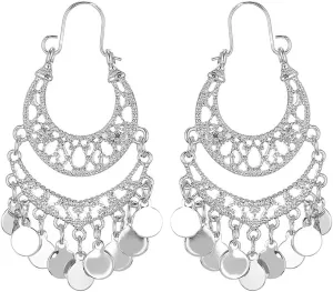 Bohemian Boho Chandelier Dangle Drop Earrings for Women  Lightweight Filigree Gypsy Coin Disc Tassel Charm Hoops  included Gift Box