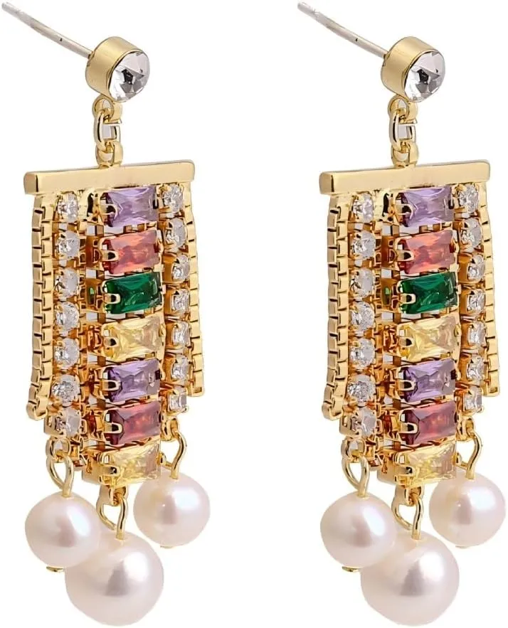 Bohemian Colorful Zircon Pearl Dangle Earrings - 18K Gold Plated Baroque Freshwater Pearls Tassel Earrings - S925 Silver Post for Sensitive Ears