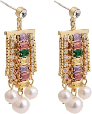 Bohemian Colorful Zircon Pearl Dangle Earrings - 18K Gold Plated Baroque Freshwater Pearls Tassel Earrings - S925 Silver Post for Sensitive Ears