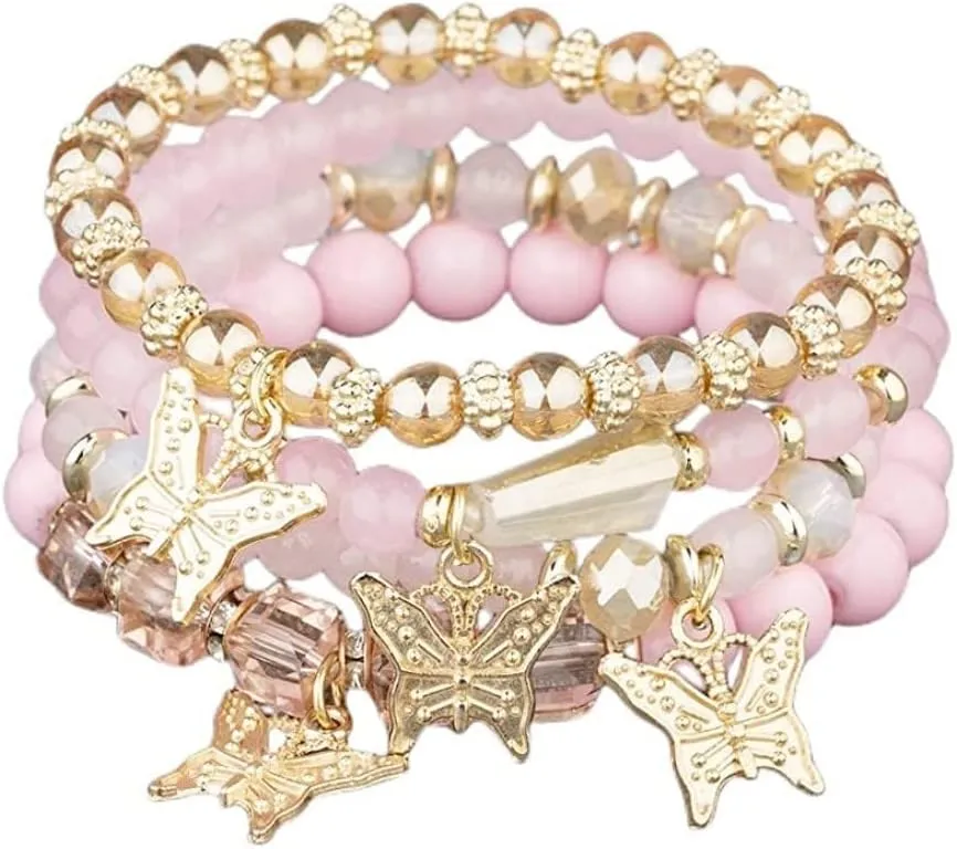 Bohemian Crystal Beaded Butterfly Pendant Bracelets Set Gold Beaded Stackable Stretch Bracelet Handmade Multilayer Colorful Charm Jewelry