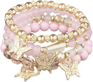 Bohemian Crystal Beaded Butterfly Pendant Bracelets Set Gold Beaded Stackable Stretch Bracelet Handmade Multilayer Colorful Charm Jewelry