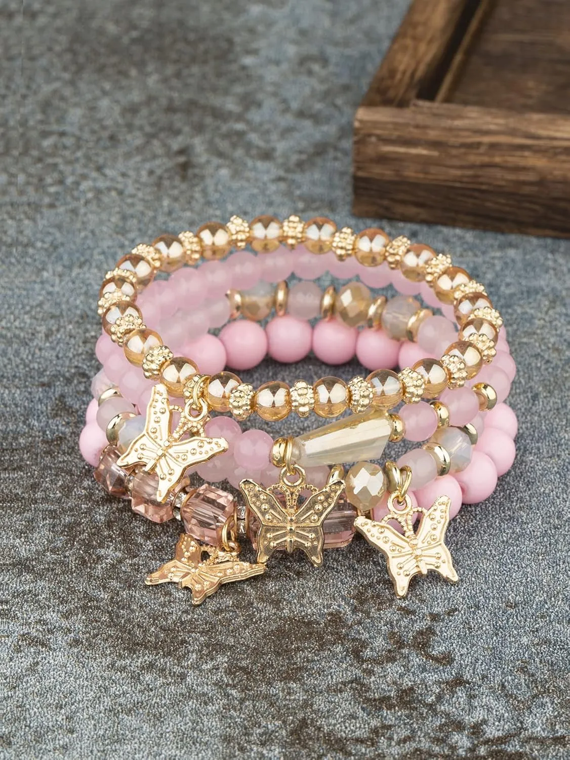 Bohemian Crystal Beaded Butterfly Pendant Bracelets Set Gold Beaded Stackable Stretch Bracelet Handmade Multilayer Colorful Charm Jewelry