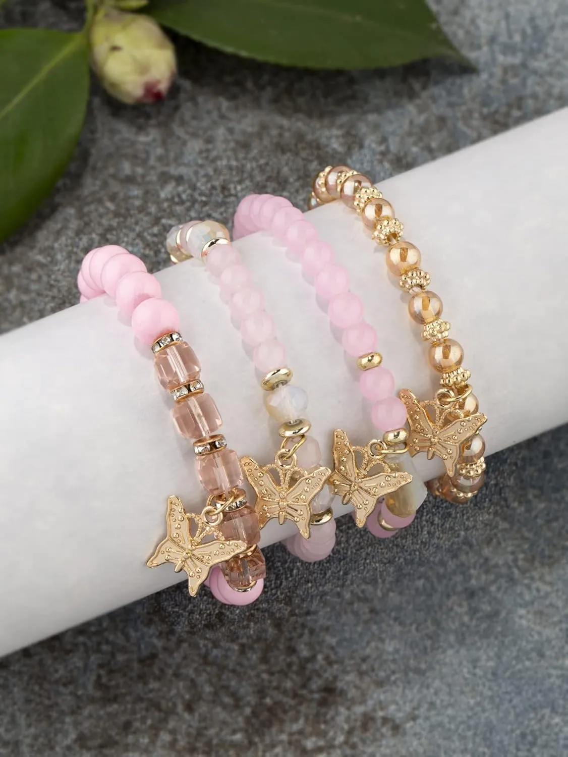 Bohemian Crystal Beaded Butterfly Pendant Bracelets Set Gold Beaded Stackable Stretch Bracelet Handmade Multilayer Colorful Charm Jewelry