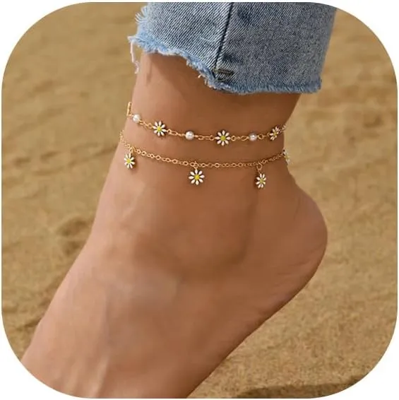 Bohemian Daisy Flowers Anklet for Women,Adjustable Layered Beach Foot Chain Pearl Ankle Bracelets Dainty Foot Jewelry