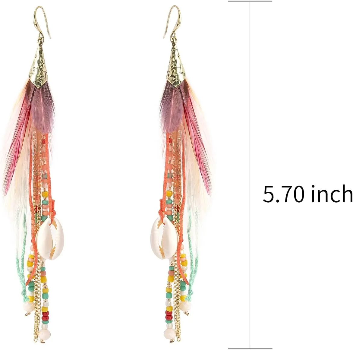 Bohemian Feather Dangle Earrings for Women with Shell Beads Long Tassel Design Drop Earrings