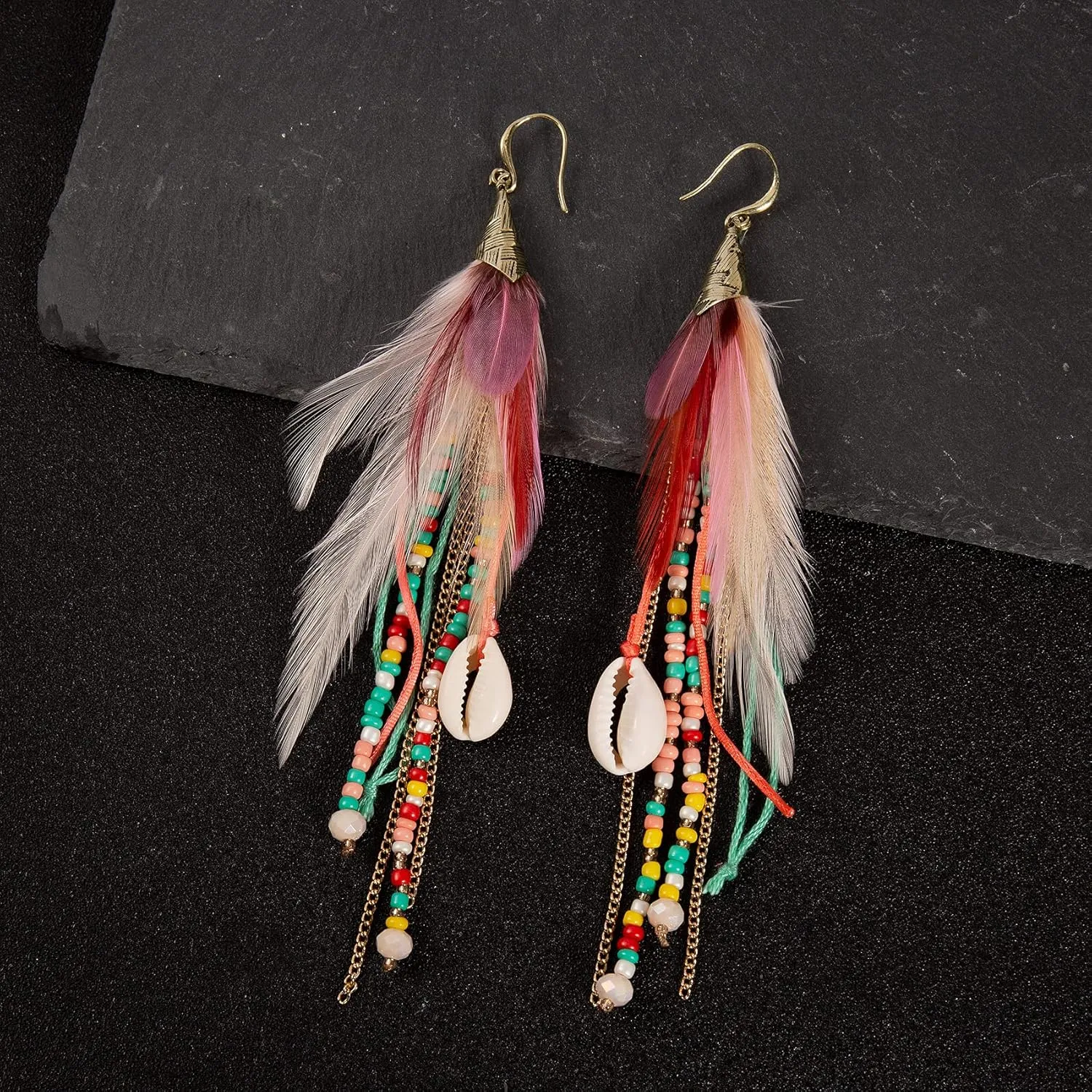 Bohemian Feather Dangle Earrings for Women with Shell Beads Long Tassel Design Drop Earrings