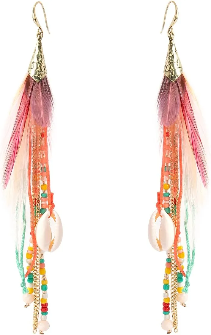Bohemian Feather Dangle Earrings for Women with Shell Beads Long Tassel Design Drop Earrings