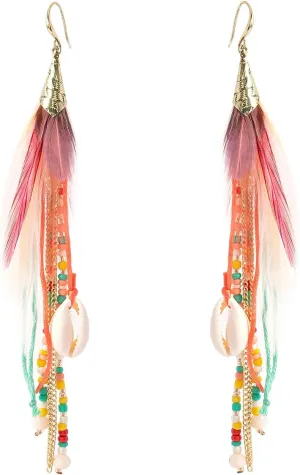 Bohemian Feather Dangle Earrings for Women with Shell Beads Long Tassel Design Drop Earrings