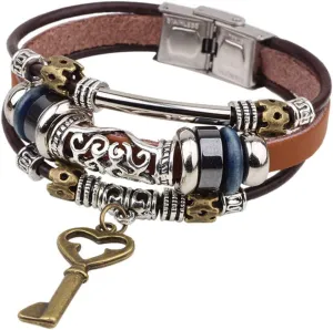 Bohemian Leather Bracelets for Men and Women Vintage Punk Alloy Butterfly Key Adjustable Beaded Wrap Multilayer Braided Cuff Bangles Wristband Wrist Decor Bracelet