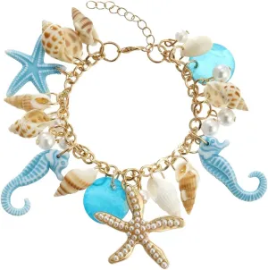 Bohemian Style Conch Starfish Seahorse Shell Pearl Bracelet Ocean Theme Beach Jewelry for Women Adjustable Bangle